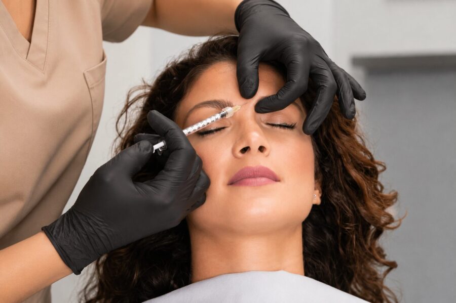 Medical practitioner administering anti-wrinkle injections to the frown lines between the eyebrows during treatment.