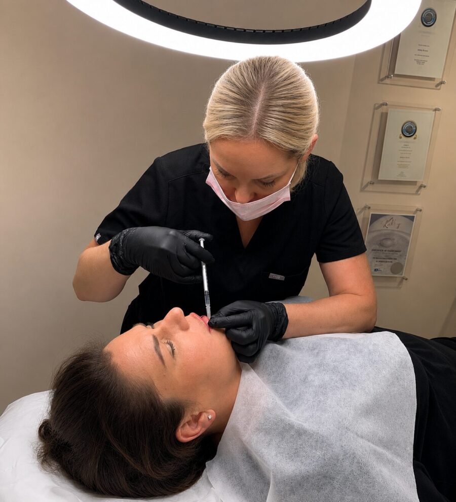 Jenny Cader performing a natural lip filler treatment to enhance lip volume, shape and definition at her aesthetic clinic in Hertford.